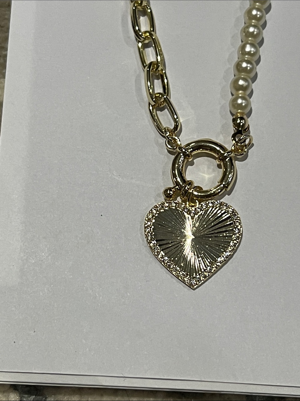 PEARL and Gold PAPER CLIP CHAIN PAVE TRIMMED Heart Pendant Necklace